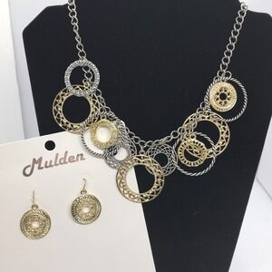 Mulden Necklace Earring Set TwoTone Boho Textured Medallion Nickel Free‎  NEW